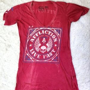 Affliction Y2K Vneck T-shirt Graphic Tee 2000s - Red XL